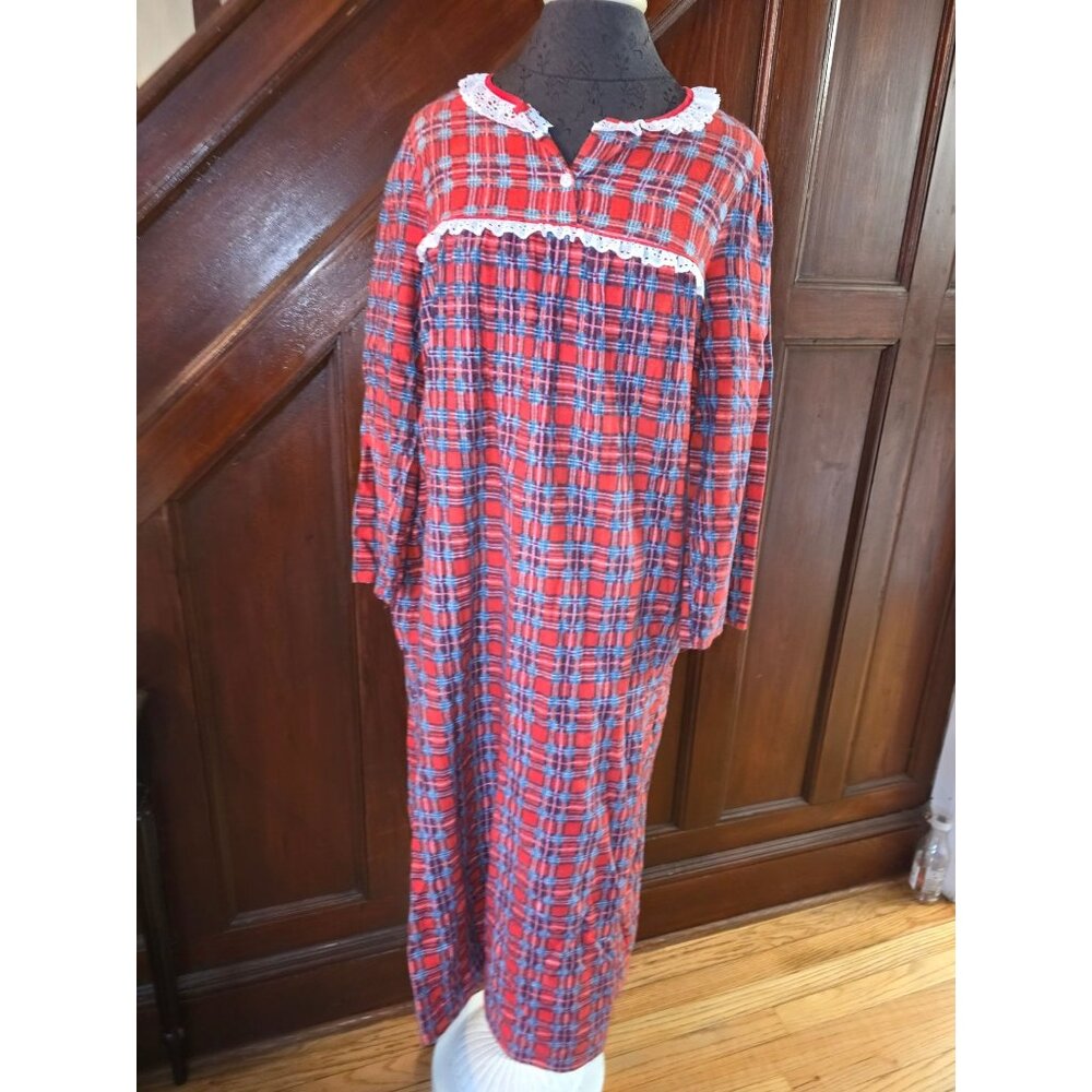 Vintage Lady Ronte Red Plaid Flannel Nightgown With Lace Trim Large